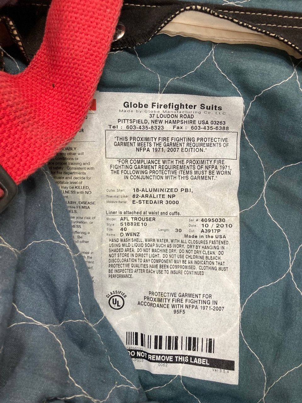 Aluminized Firefighter Suit AFL Trouser 51882E10 Globe Size 40