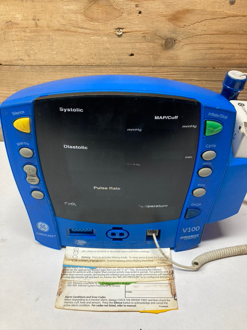 Dinamap V100 Vital Signs Monitor V100-NBAA-AXAA-XX GE Medical SN# SDT08390169SP