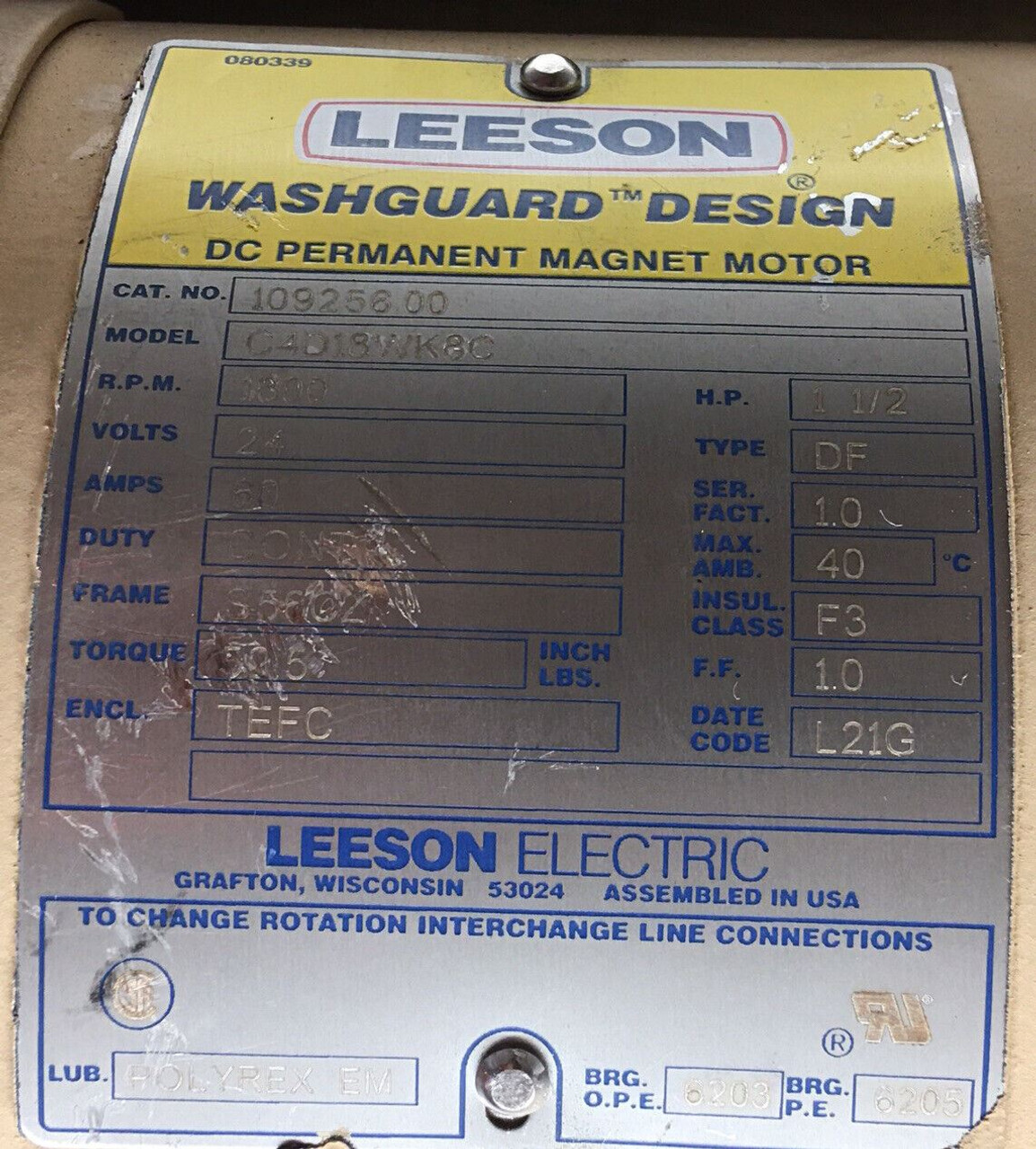 DC Permanent Magnet Motor C4D18WK8C 109256.00 Leeson