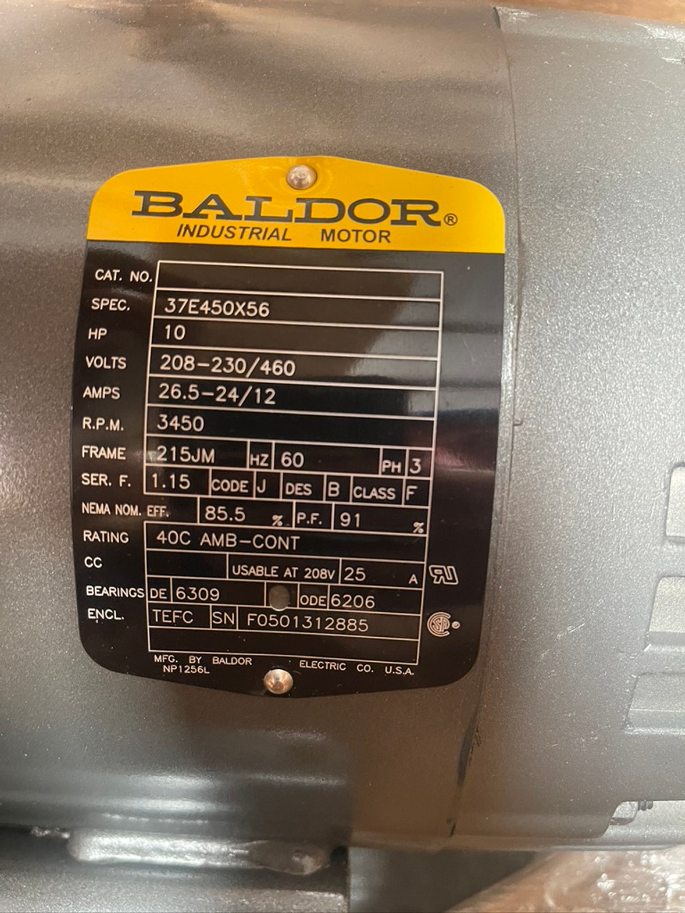 Baldor AC Electric Motor 10hp 208-230/460V 3450rpm 37E450X56 Baldor 3ph