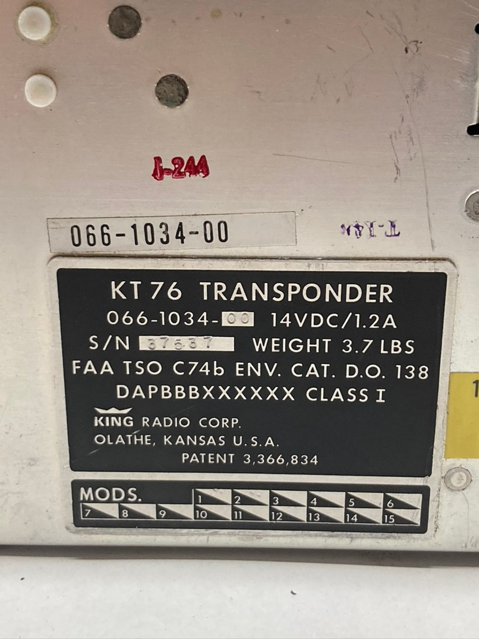 KT-76 Transponder Unit 066-1034-00 King Radio