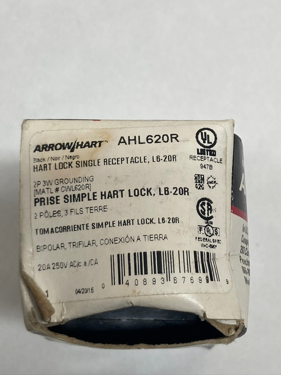 L6-20R Hart Lock Single Receptacle AHL620R Arrow Hart