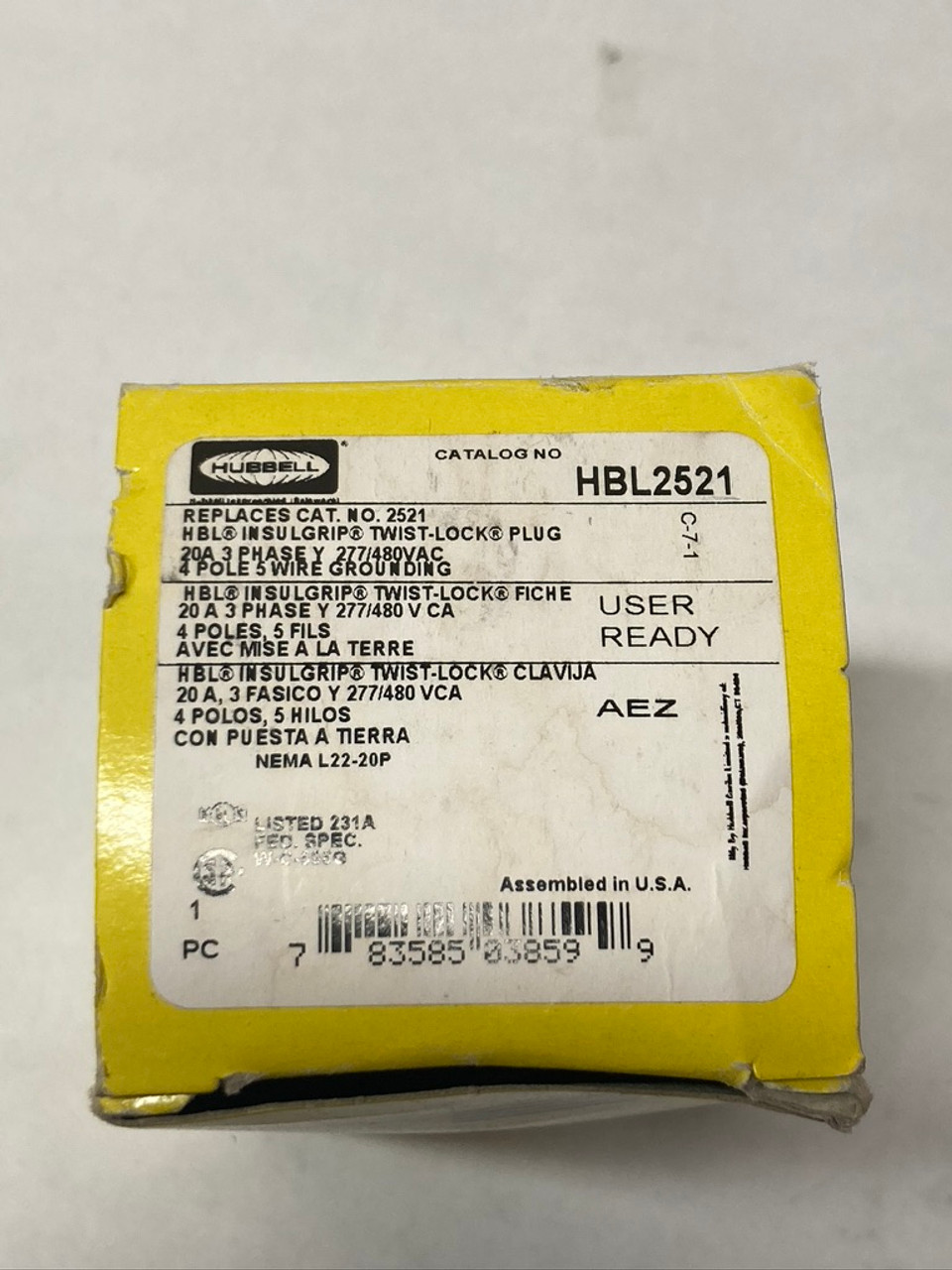Twist Lock Electrical Plug HBL2521 Hubbell 20A 3-Phase 277/480V AC