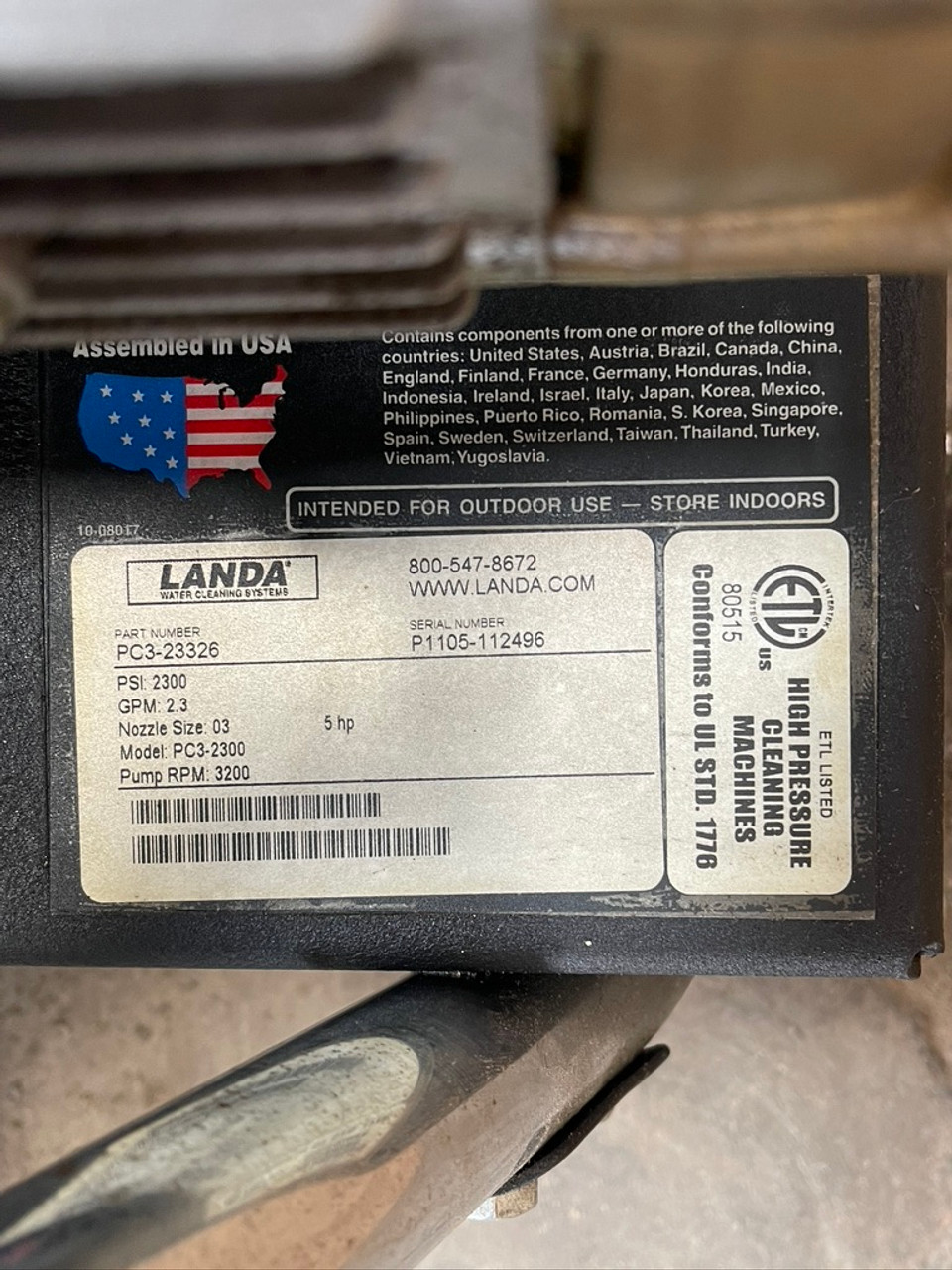 PC3-2300 Pressure Washer PC3-23326 Landa 2300 psi 2.3 GPM 5HP