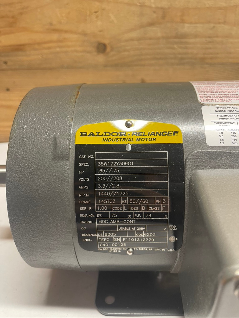 Industrial 3/4 HP Motor 35W172Y309G1 Baldor 3PH 200V