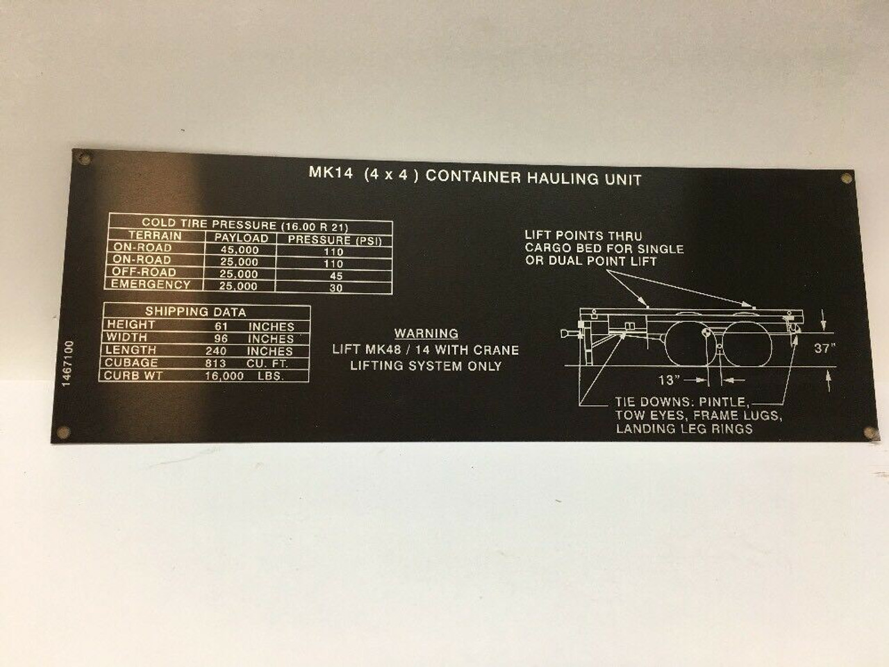 Container Hauling Unit Identification Plate 1467100 Oshkosh