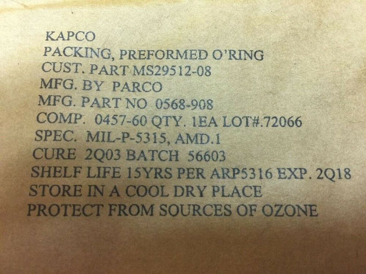 Preformed Packing O-Ring MS29512-08 Parco Aircraft Lot of 10