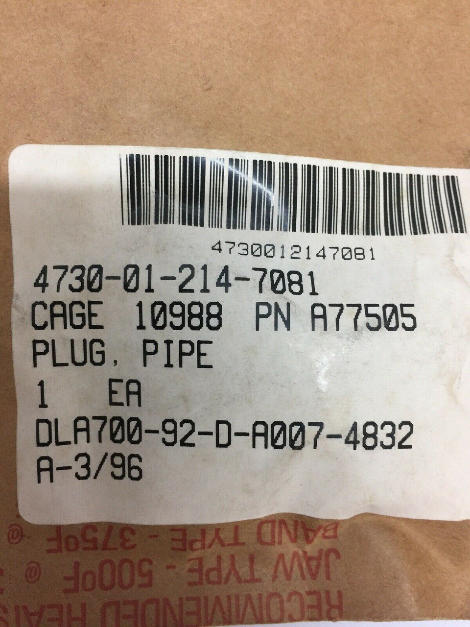 Pipe Plug A77505 CNH America