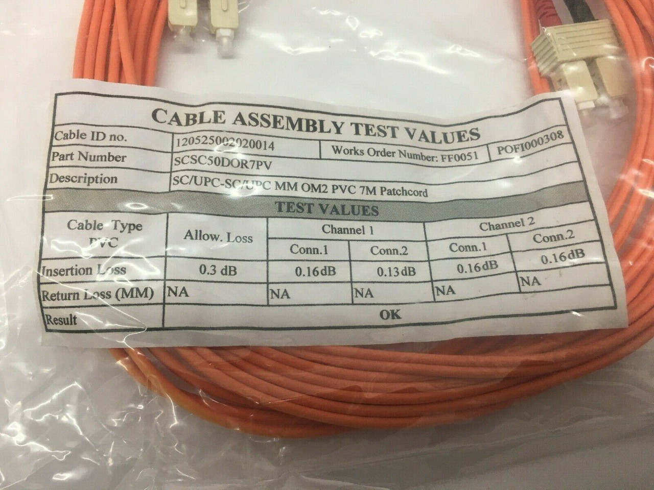 7-Meter Fiber Optic Patch Cable SCSC50DOR7PV SC/UPC-SC/UPC Multimode OM2 PVC