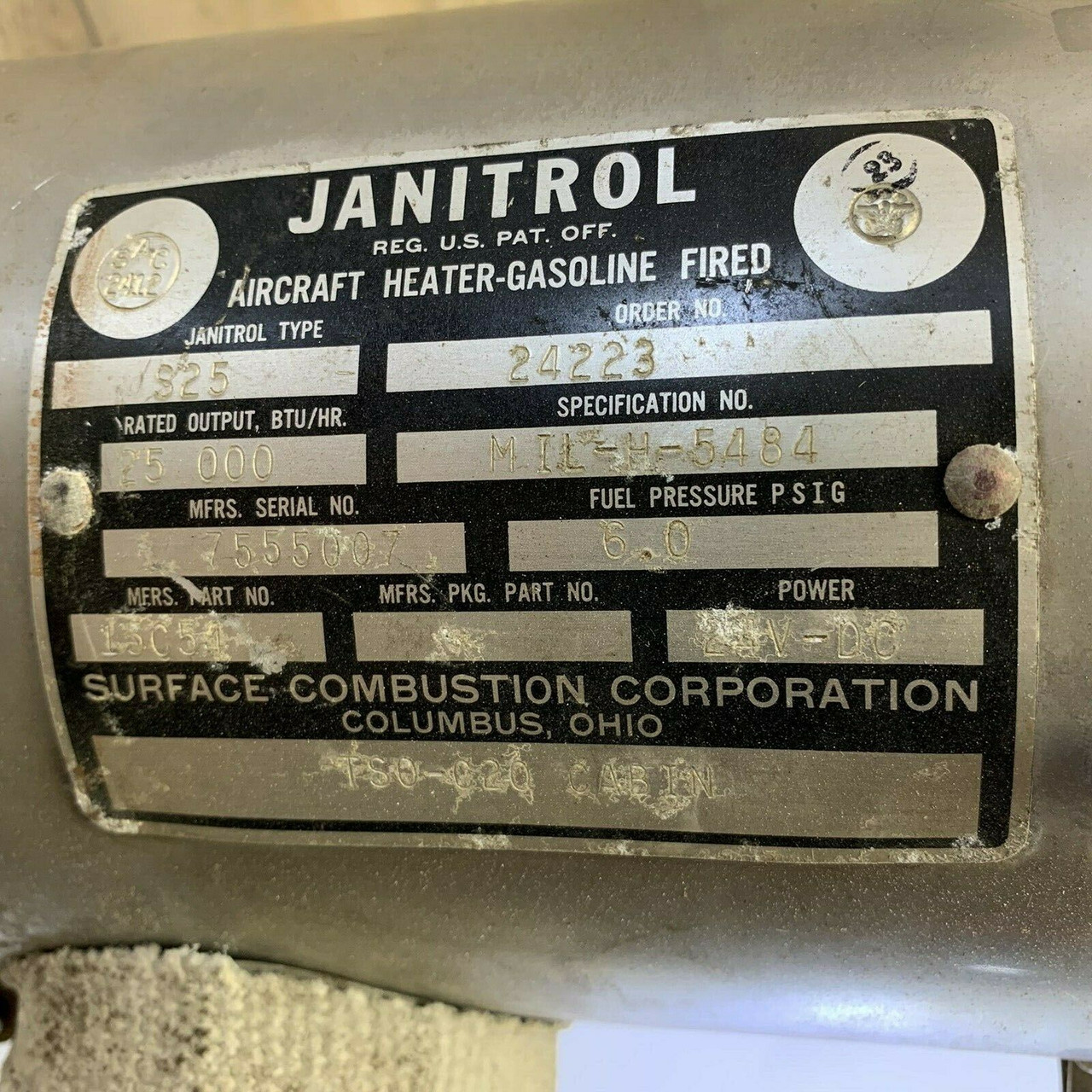 24V Janitrol Heater Gasoline Fired Type S-25 15C54 Surface Combustion