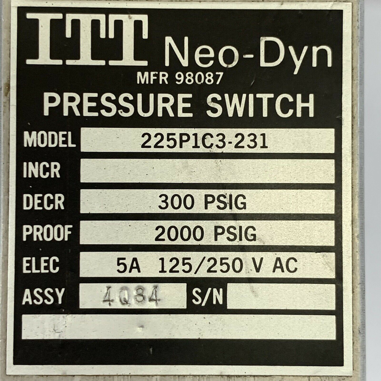 Pressure Switch 225P1C-231 ITT Neo-Dyn 5A 125/250 VAC