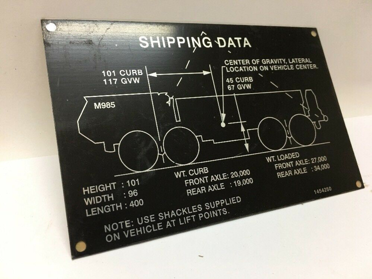 Shipping Data Identification Plate 1454250 Oshkosh Black Inscription