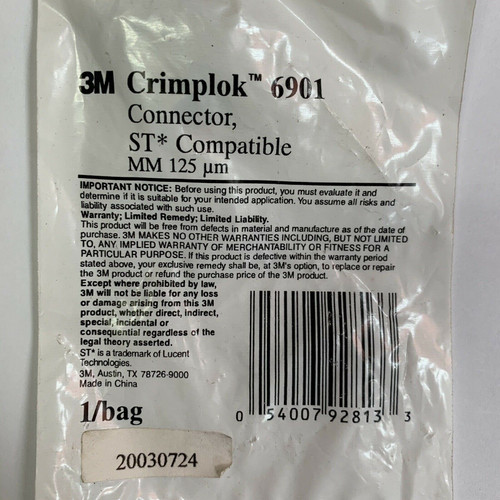 Crimplok Fiber Optic Connector 6901 3M ST Multimode Simplex 