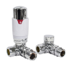 Thermostatic TRV Corner Radiator Valves 1/2" x 15mm Lockshield Pack (White Chrome) Thermostatic TRV Corner Radiator Valves 1/2" x 15mm Lockshield Pack (White Chrome)