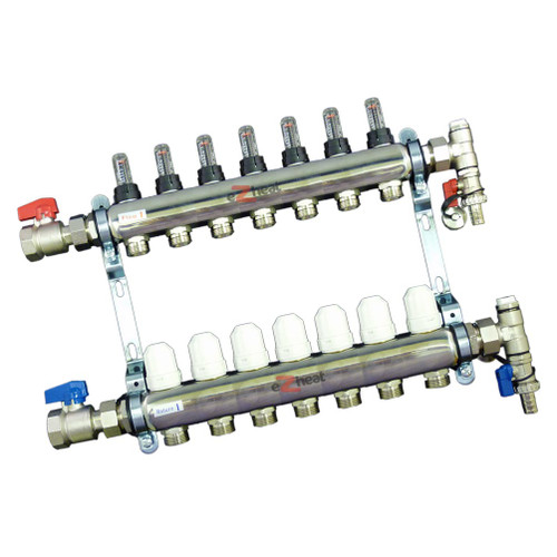 Stainless Steel 7 Port / 7 Loop Underfloor Heating Manifold c/w Ball Valves
