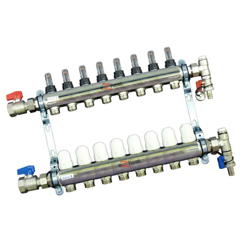Stainless Steel 8 Port / 8 Loop Underfloor Heating Manifold c/w Ball Valves