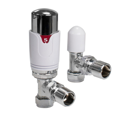 Thermostatic TRV Angled Radiator Valves 1/2" x 15mm Lockshield Pack (White & Chrome)