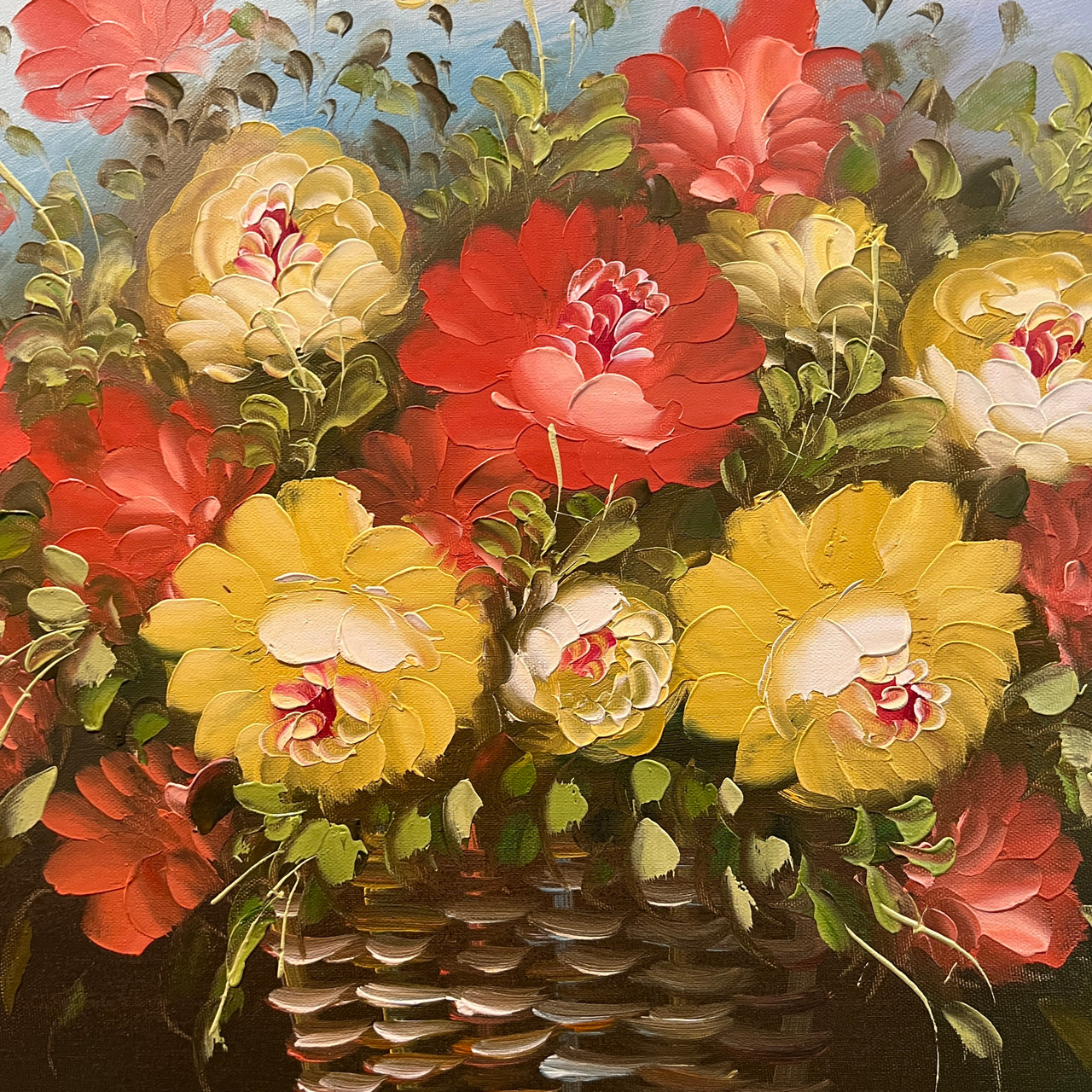 Pretty! Red and Yellow Floral Vintage Oil Painting by Robert Cox