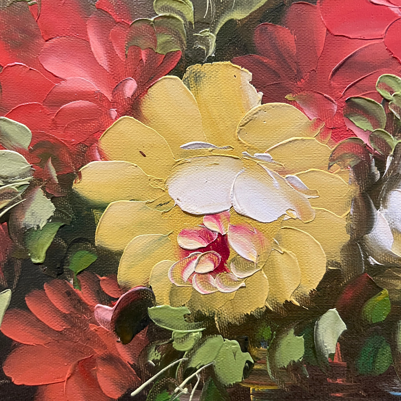 Pretty! Red and Yellow Floral Vintage Oil Painting by Robert Cox