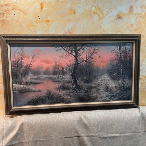 Sunset on the Lake Vintage Oil Painting by Halibian 1984