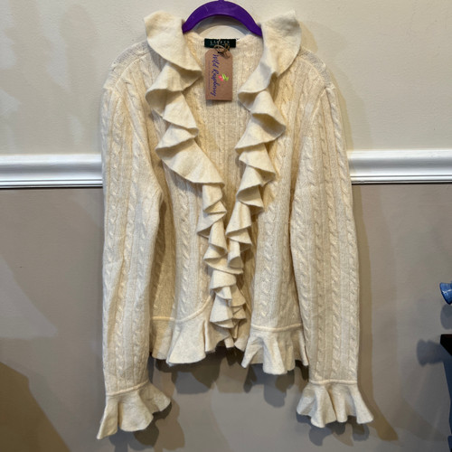 LAUREN Ralph Lauren, Coquette Ruffle Cardigan in Cream, Wool and Angora Blend Knit, Size XL