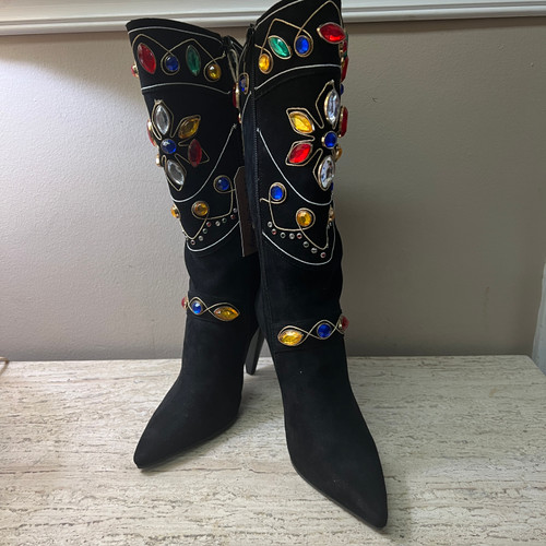 Multi Color Jewel Embellished Black Suede Boot By Jeffrey Campbell, Size 7 1/2