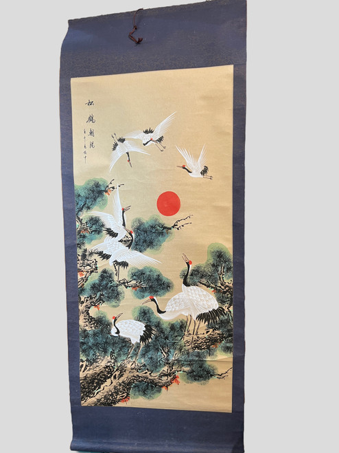 Vintage Birds in Flight Original Japanese Scroll Art, Signed by Artist