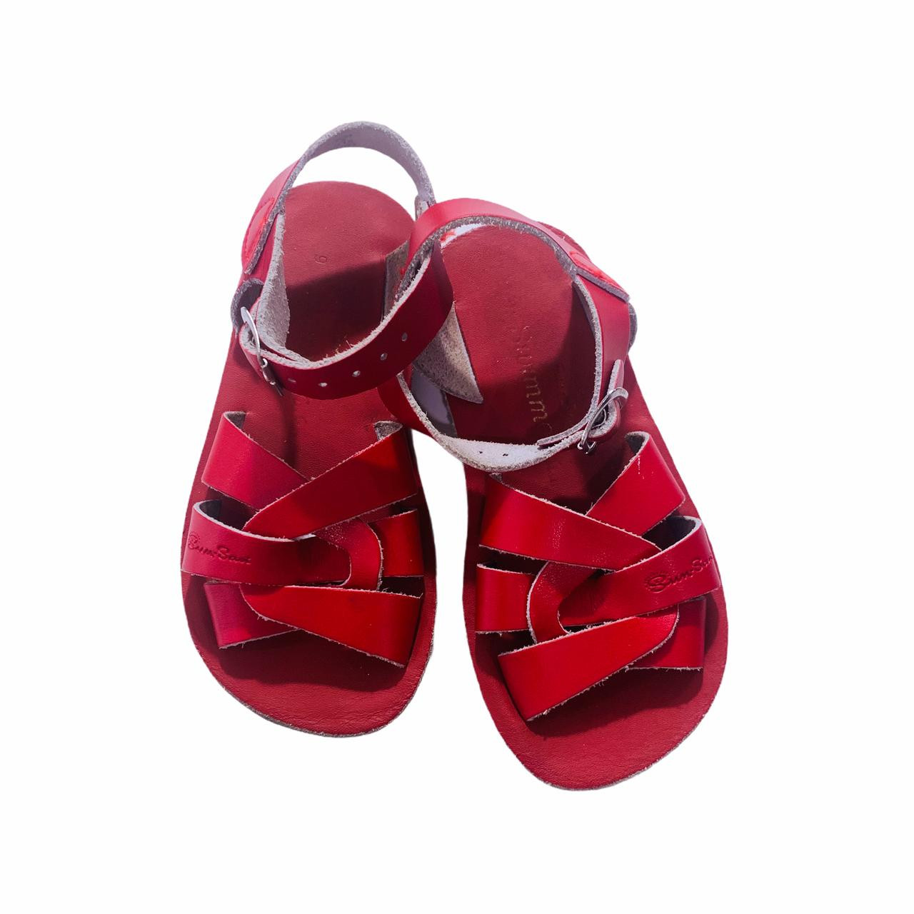 SUN SANS/ SALTWATER SANDALS RED SANDALS *THIS ITEM IS GENTLY USED WITH  MINOR SIGNS OF WEAR (FAINT STAINS) *EUC SIZE TODDLER 10