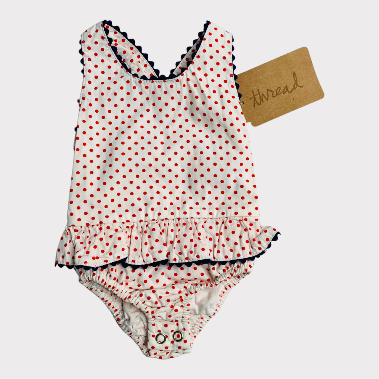 G06-Bella Bliss, 0-6M, 0/s 1 pc swimsuit, White/Red Dots Blue Trim