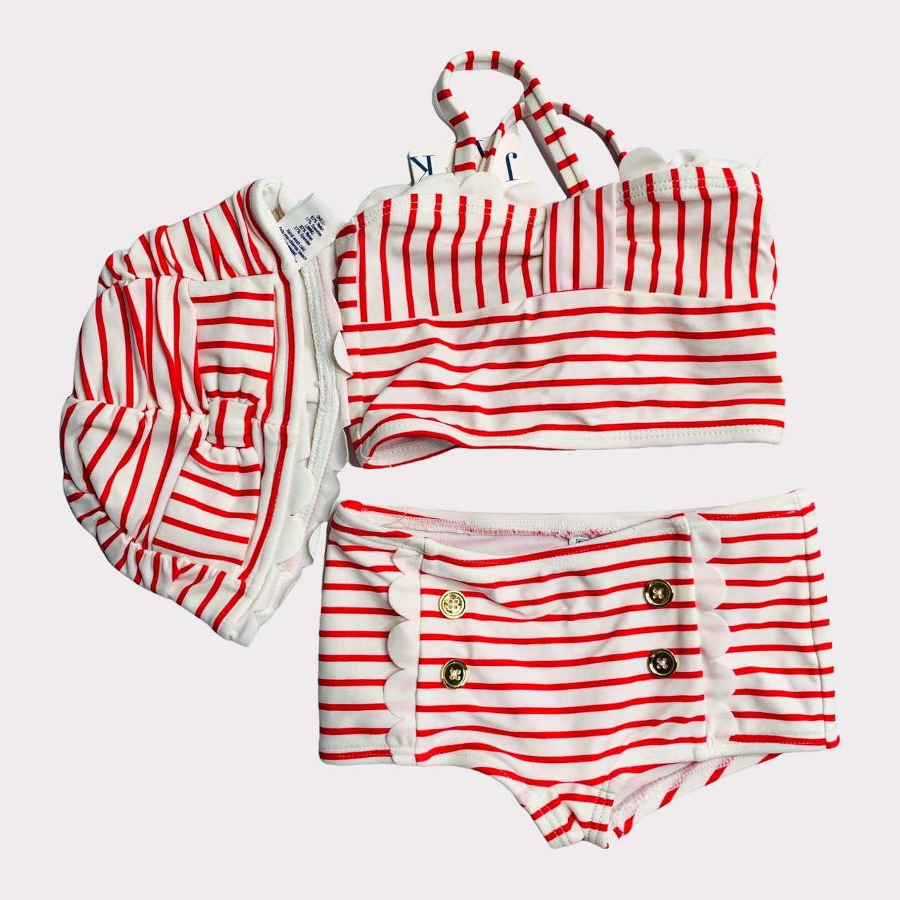 G06-Janie & Jack, 6-12M, 0/s 3 pc swimsuit, White/Pink Striped