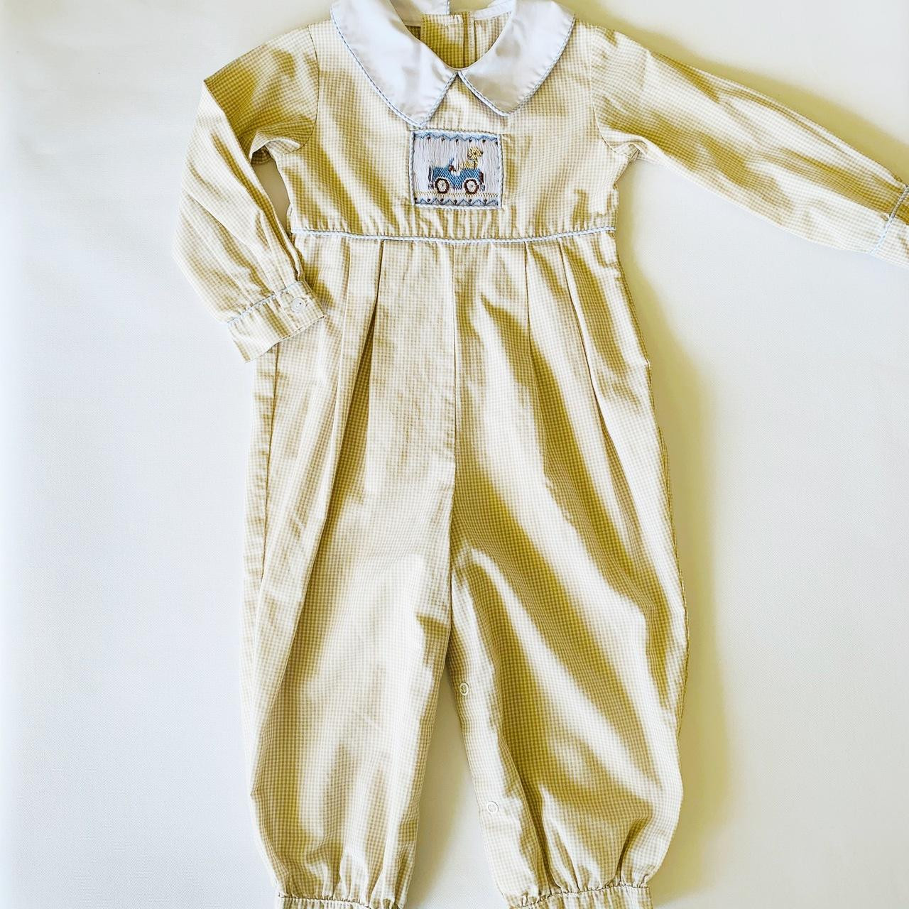 B-Shrimp and Grits, 2Y, l/s cotton smocked embroidered pant romper