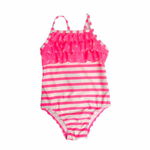 White/Hot Pink Stripe Ruffle Top, front White/Hot Pink Stripe Ruffle Top, front
