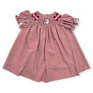 G08-Vive La Fête, Size 9 Months, s/s polyester Mississippi State Bulldogs Smocked Bishop Dress, Maroon/White Gingham