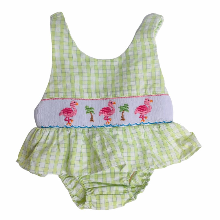 Green Gingham Flamingos, front