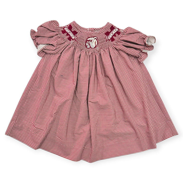 G08-Vive La Fête, Size 9 Months, s/s polyester Mississippi State Bulldogs Smocked Bishop Dress, Maroon/White Gingham