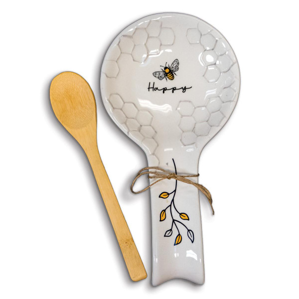 Honey Bee Ceramic Spoon Rest with Wooden Spoon