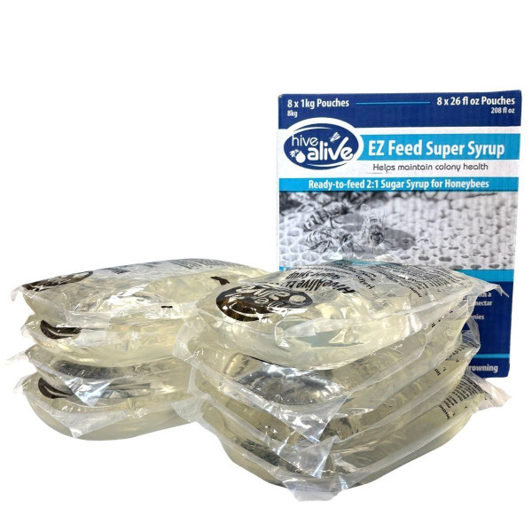HiveAlive EZ Feed Super Syrup, 26 fl oz pouches, 8 pack, DC134, Mann Lake.