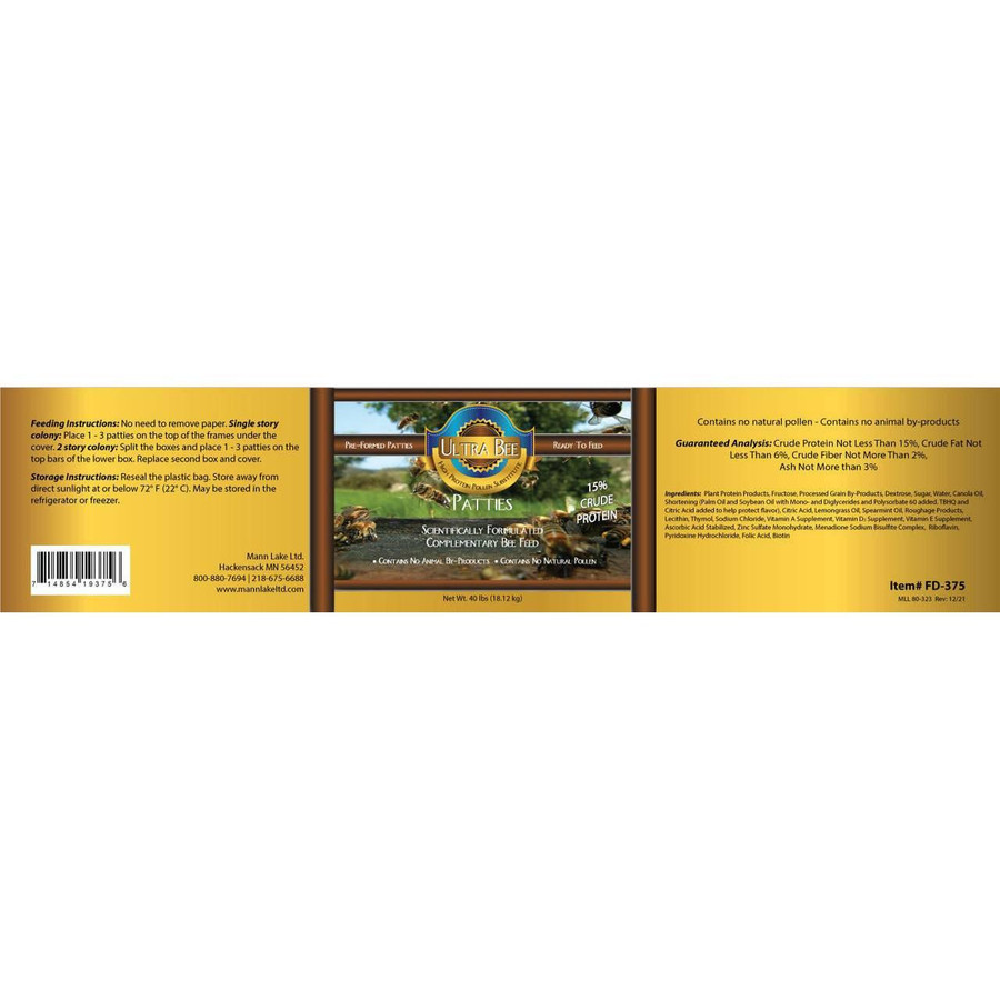 Ultra Bee High Protein Pollen Substitute Patties, 40 lb.,FD375, Mann Lake Ltd. Ultra Bee High Protein Pollen Substitute Patties, 40 lb.,FD375, Mann Lake Ltd.