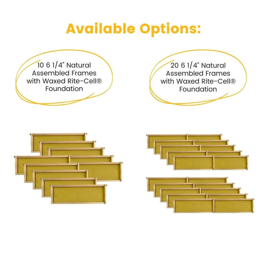 6 1/4" Natural Assembled Frames with Waxed Rite-Cell® Foundation, case of 20,WW928, Mann Lake Ltd. 6 1/4" Natural Assembled Frames with Waxed Rite-Cell® Foundation, case of 20,WW928, Mann Lake Ltd.