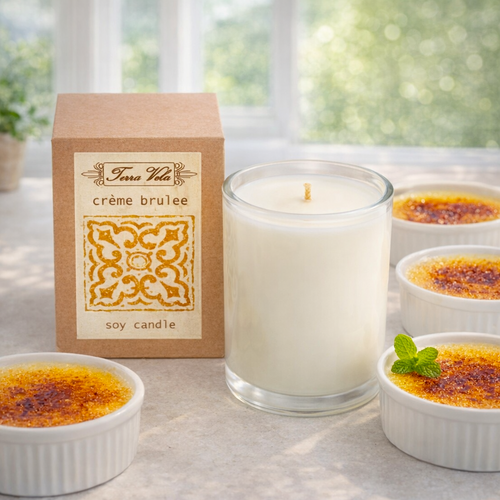 Natural soy wax candle, hand poured in small batches. An artisan soy wax candle of the highest quality. Rich and decadent; creamy vanilla bean custard, with notes of caramelized sugar.