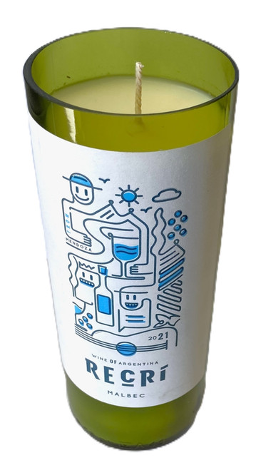 Up-cycled Wine Bottle Candle. Wax content is aprox 16 oz resulting in up to 100 hours burn time.