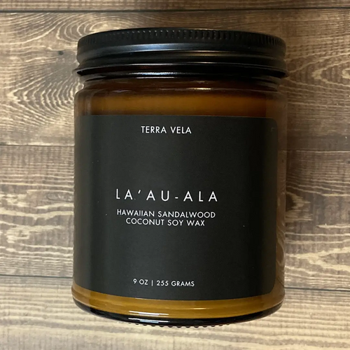 Terra Vela Amber Jar soy wax candle with black lid, burns for up to 50 hours.