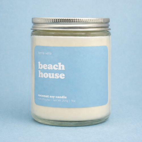 Terra Vela Clear Jar soy wax candle with Silver lid, burns for up to 50 hours.