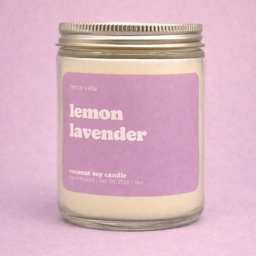 Terra Vela Clear Jar soy wax candle with silver lid, burns for up to 50 hours.