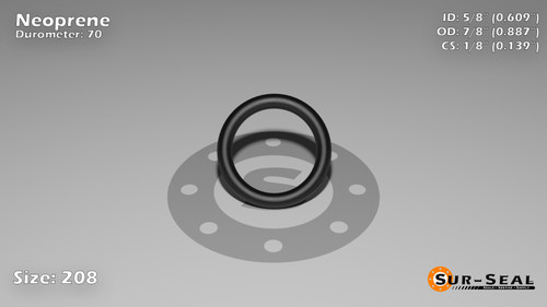 O-Ring, Black Neoprene Size: 208, Durometer: 70 Nominal Dimensions: Inner Diameter: 14/23(0.609) Inches (1.54686Cm), Outer Diameter: 55/62(0.887) Inches (2.25298Cm), Cross Section: 5/36(0.139) Inches (3.53mm) Part Number: OR70BLKNEO208