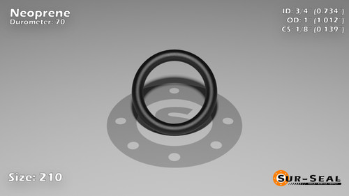 O-Ring, Black Neoprene Size: 210, Durometer: 70 Nominal Dimensions: Inner Diameter: 69/94(0.734) Inches (1.86436Cm), Outer Diameter: 1 1/83(1.012) Inches (2.57048Cm), Cross Section: 5/36(0.139) Inches (3.53mm) Part Number: OR70BLKNEO210