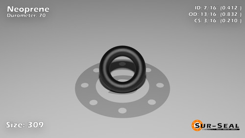 O-Ring, Black Neoprene Size: 309, Durometer: 70 Nominal Dimensions: Inner Diameter: 7/17(0.412) Inches (1.04648Cm), Outer Diameter: 5/6(0.832) Inches (2.11328Cm), Cross Section: 17/81(0.21) Inches (5.33mm) Part Number: OR70BLKNEO309
