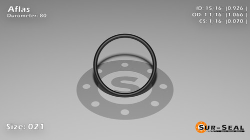 O-Ring, Black Aflas Size: 021, Durometer: 80 Nominal Dimensions: Inner Diameter: 25/27(0.926) Inches (2.35204Cm), Outer Diameter: 1 6/91(1.066) Inches (2.70764Cm), Cross Section: 4/57(0.07) Inches (1.78mm) Part Number: OR80AFL021