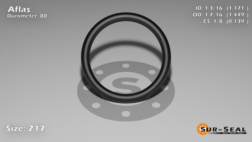 O-Ring, Black Aflas Size: 217, Durometer: 80 Nominal Dimensions: Inner Diameter: 1 13/76(1.171) Inches (2.97434Cm), Outer Diameter: 1 22/49(1.449) Inches (3.68046Cm), Cross Section: 5/36(0.139) Inches (3.53mm) Part Number: OR80AFL217