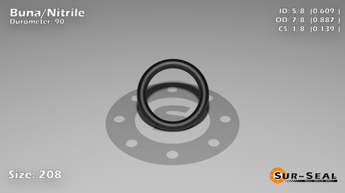 O-Ring, Black BUNA/NBR Nitrile Size: 208, Durometer: 90 Nominal Dimensions: Inner Diameter: 14/23(0.609) Inches (1.54686Cm), Outer Diameter: 55/62(0.887) Inches (2.25298Cm), Cross Section: 5/36(0.139) Inches (3.53mm) Part Number: OR90BLKBUN208